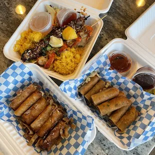 Surf and Turf w/ Garlic Rice, Bacon Cheeseburger Lumpia and Peach Mango Lumpia