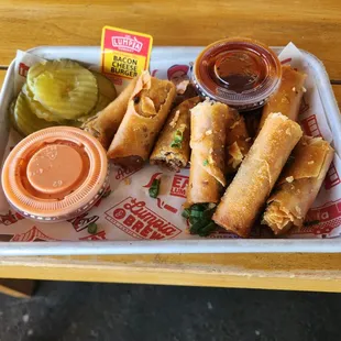 Cheese Burger lumpia...crisp and delicious.  Not overly salty.  Just how I prefer.  Crunchy, NOT soggy.