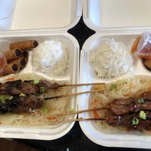Pork Skewer Combo (left), Chicken Skewer Combo (right).