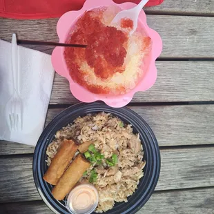 chicken adobo garlic fried rice bowl with side of lumpia from The Lumpia Truck and pineapple snowcone with Chamoy from Luna's Snowcones