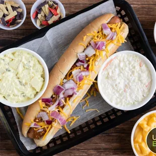 a hot dog with toppings