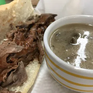 House made french roll tri-tip with wild mushroom soup ❤️❤️. A winner!
