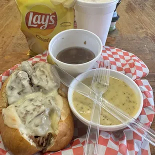 French Dip with broccoli cheddar soup.