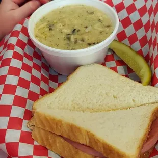 The baloney &amp; cheese sandwich with chicken and rice soup.