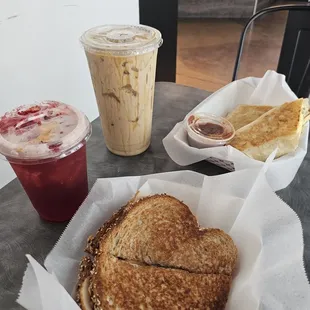 Southwest Chipotle Panini. The breakfast burrito. A Sunshine Tea. Caramel Canyon Cold Brew.