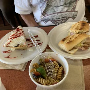 White chocolate-raspberry pie , Cuban sandwich, and side of pasta salad.