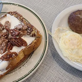 Weekend special- harvest pecan French toast with eggs and sausage