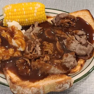 Wednesday hot plate special- hot Roastbeef diner with corn and mash potatoes