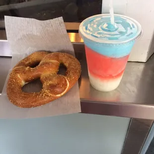 Sweet Cream Cheese pretzel with a slushie , yum