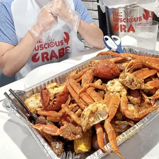 a tray of crab legs