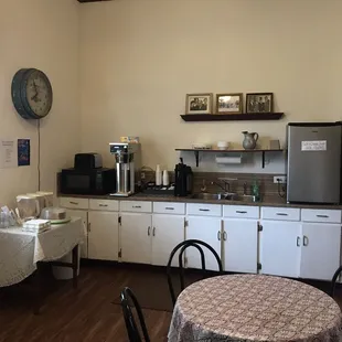 The breakfast area, cereal, milk, juice, toast, coffee