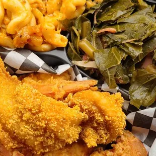 Basa fish, fried shrimp and collard greens, Mac and cheese