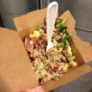 Mac and cheese with mushrooms, bacon and broccoli.