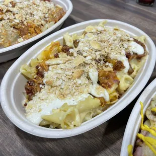 three dishes of food