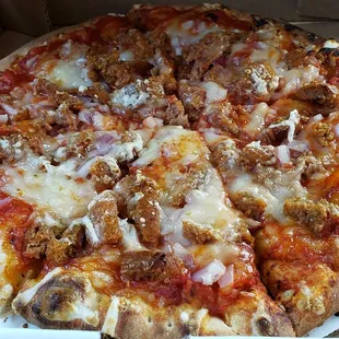 10&quot; pizza w/Beyond sausage &amp; Violife vegan mozzarella ($15). Excellent crust, nicely done.