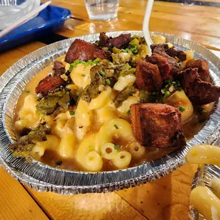 Green chili Mac &amp; cheese and burnt pork belly