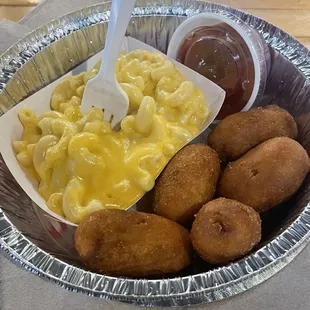Kids Mac n Cheese with corn dogs