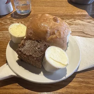 You get a two types of bread every time. Yeast roll and applesauce bread.