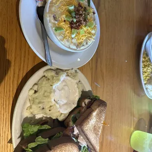 Potato soup and Club sandwich.