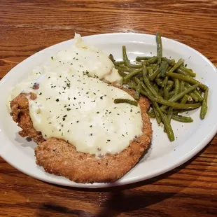 Chicken fried chicken mashed potatoes and green beans