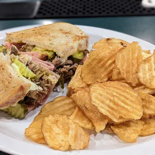 a sandwich and chips