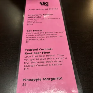 Beverage menu