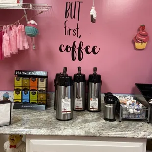 Pay and help yourself to coffee and tea.