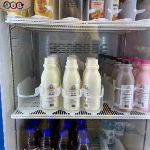 Juices and milks in the refridgerator.
