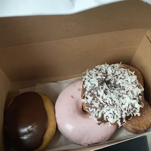Boston cream, strawberry glazed, coconut chocolate cake donut, cinnamon sugar twist.