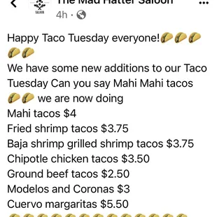 the menu for the mad hatter saloon