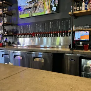 a bar with beer taps