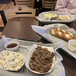 Brisket, pulled chicken and pretzel sticks