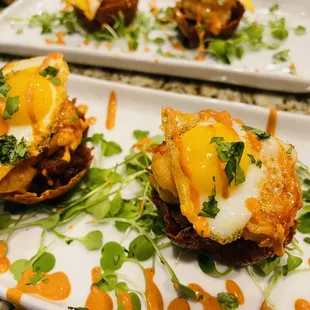 Manchego cheese crisp w/chorizo, shrimp and quail egg