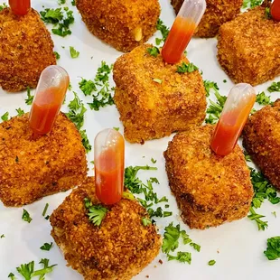 Mac n Cheese Bites with Buffalo Sauce Pipette