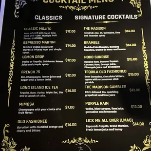 Drink menu