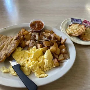 Chicken Fried Steak &amp; Eggs with Jimmy's potatoes and an English muffin (no gravy)