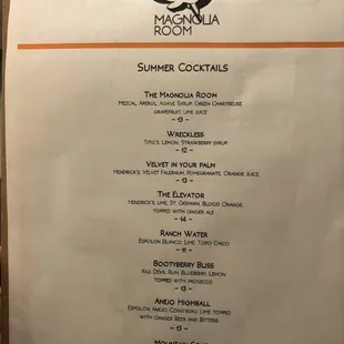 Summer Cocktail Menu