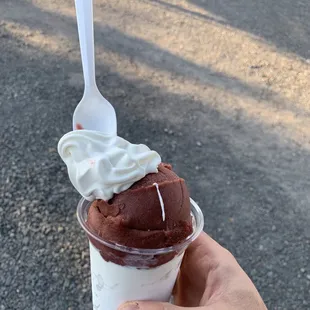 &quot;Small&quot; gelati with black cherry and coconut cream ice.  Hard to see but there&apos;s 3 layers of soft serve and 2 of ice. So good. Only $4.