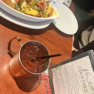 Cranberry mule and loaded tots