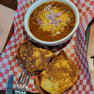 Chili and grilled cheese sandwich
