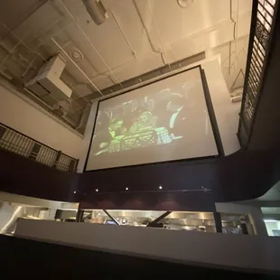 a large screen in a restaurant