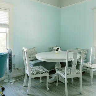 Our Small Meeting Room is on our second floor and is available for coworking or bookable for private meetings for up to 6 guests