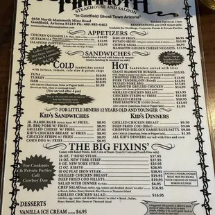 Menu at Mammoth Steakhouse &amp; Saloon