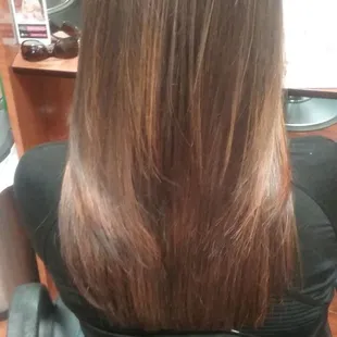 Root touch up+ Balayage with caramel highlights + trim by Ms. Endia