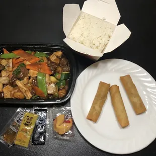 Happy Family with steamed rice and Crispy Egg Rolls