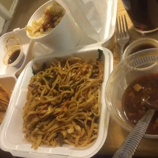 Beef lo mein crab ragoons and fried potstickers with hot and sour soup!