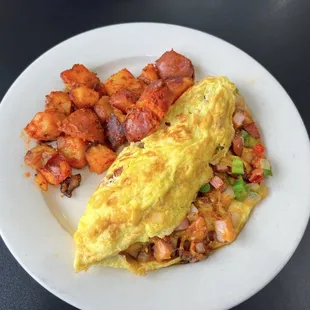 Meat omelette with breakfast potatoes