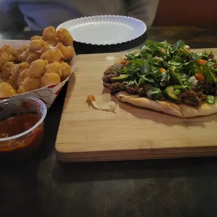 Lamb pizza/Indian fusion with fried cheese bites.