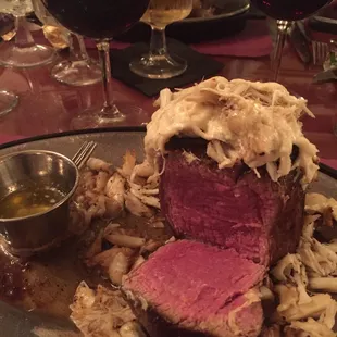 The 16oz, rare, with the blue cheese and crab meat topping! PHE-EFFING-NOMINAL!