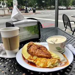 The Nashville Chicken breakfast plate with Cheesy Grits! Excellent breakfast!